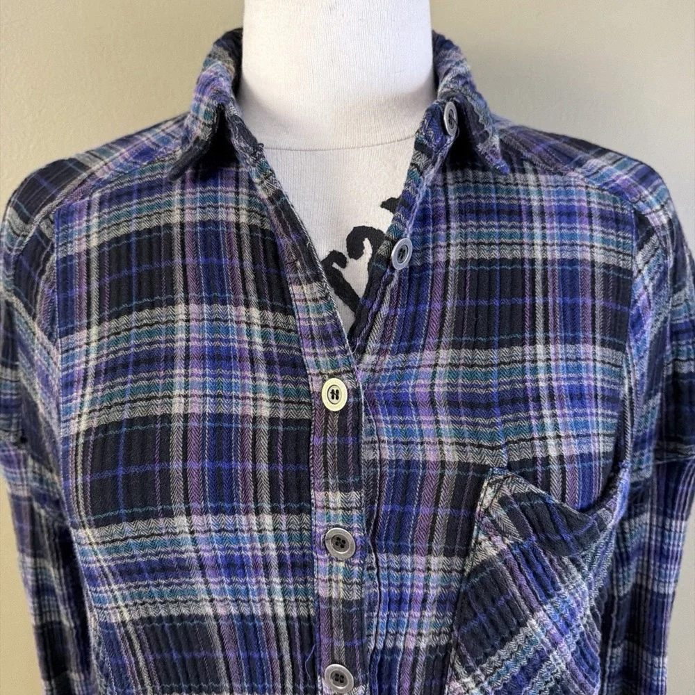 Free People Women's S Plaid Button Up Shacket Juniper Ridge Snap Side Raw Hem